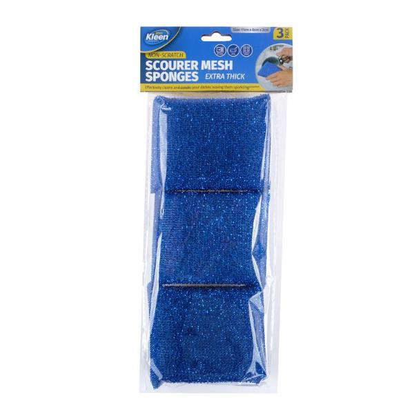3 Pack Blue Mesh Sponge Scourer - 11cm x 8cm x 3cm