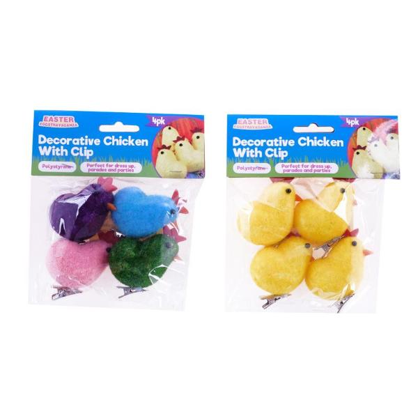 4 Pack Polystyrene Fabric Chickens With Clip - 5cm x 3.5cm