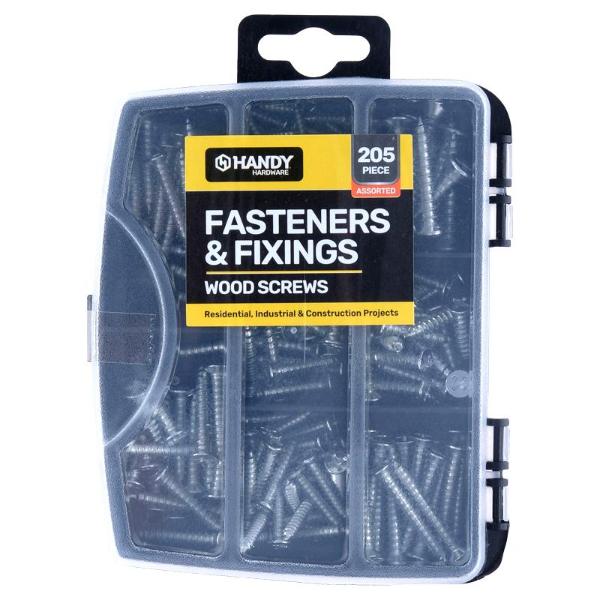 205 Pack Fasteners & Fixings Wood Screws In Storage Case
