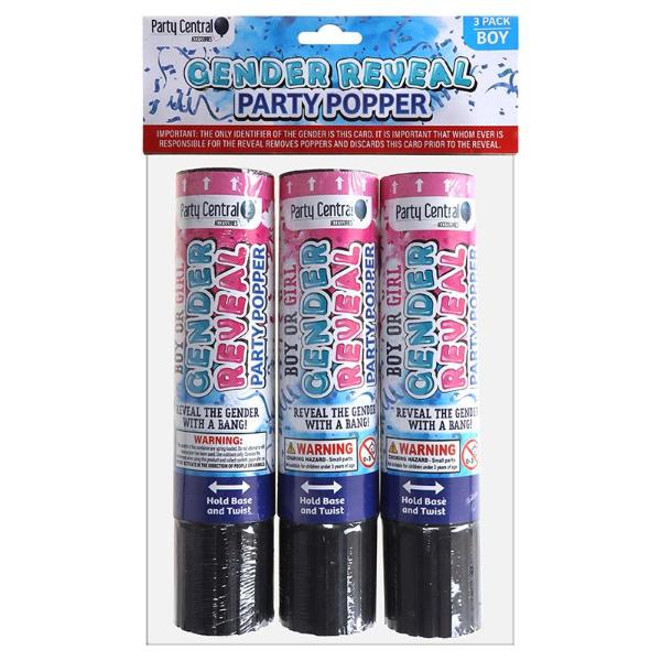 3 Pack Assorted Gender Reveal Party Popper Collection - 20cm