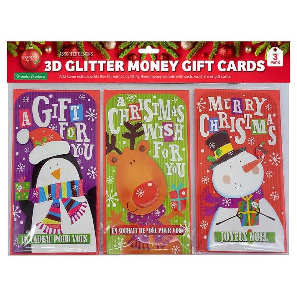 3 Pack 3D Christmas Glitter Money Wallet - 16cm x 8.5cm