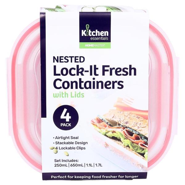 4 Pack Square Lock It Fresh Food Container - 250ml x 650ml x 1100ml x 1700ml