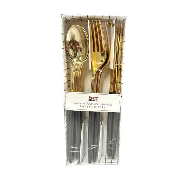 12 Pack Two Tone Black & Gold Cutlery Set