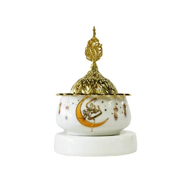 Arabic White & Gold Metal Ceramic Incense Burner - 9cm x 14cm