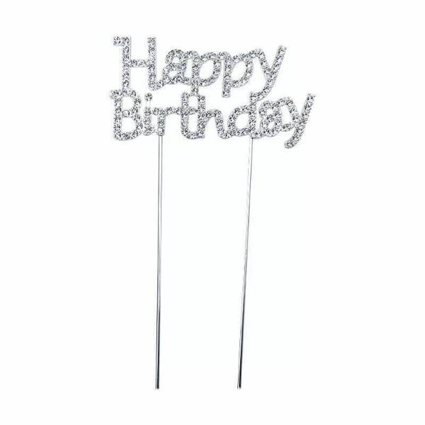 Silver Happy Birthday Cake Topper - 16cm x 9.5cm