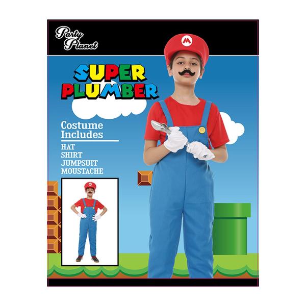 Red Super Plumber Boys Costume - 11 - 12 Years