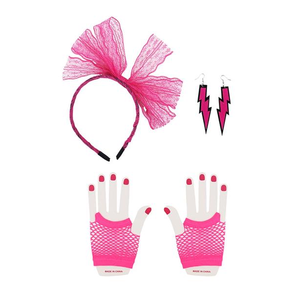 3 Pack Neon Pink 80s Accessories Set