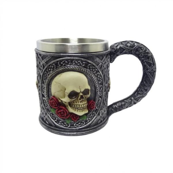Resin Stainless Steel Skull With Red Rose Mug - 16cm