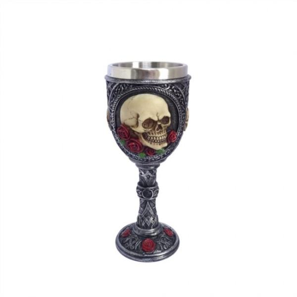 Resin Stainless Steel Skull With Red Rose Goblet - 19cm