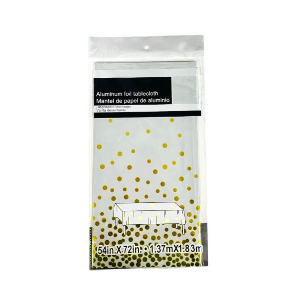 White Foil Table Cloth With Gold Dots - 137cm x 183cm