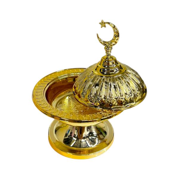 Ramadan Gold Accent Snack Bowl Stand With Moon Lid - 14.5cm x 19cm