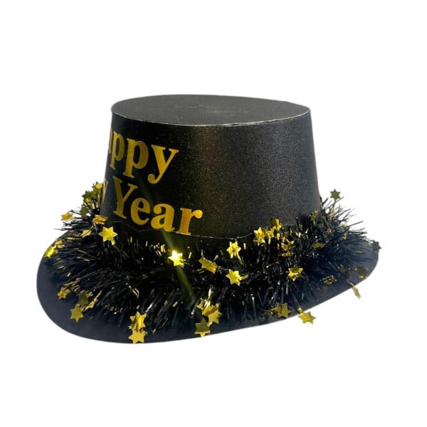 Round Gold Or Silver Happy New Year Hat With Tinsel