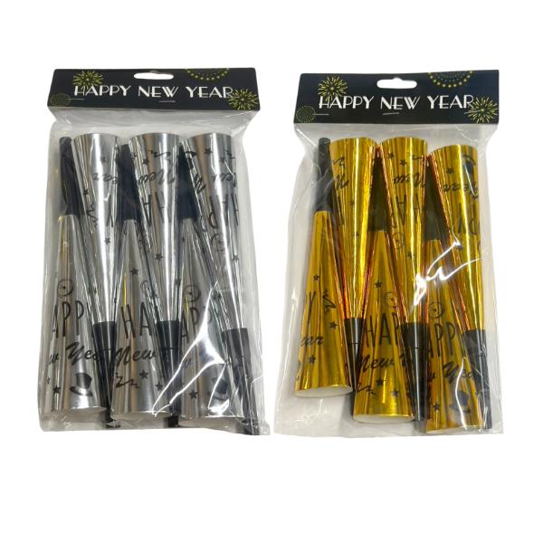 6 Pack Gold Or Silver NYE Party Blowers - 20cm