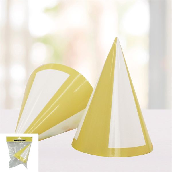 6 Pack Yellow Striped Paper Party Hats - 15.5cm