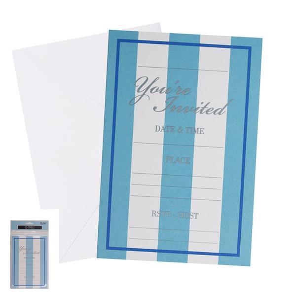 6 Pack Blue Striped Invites With Envelopes - 17cm 11.5cm