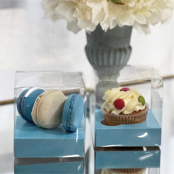 4 Pack Clear Cupcake Box With Blue Inserts - 9cm x 9cm x 9cm