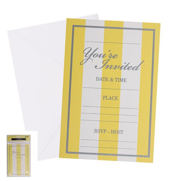 6 Pack Yellow Striped Invites With Envelopes - 17cm x 11.5cm