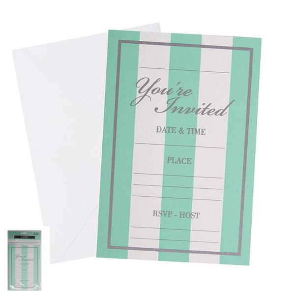 6 Pack Mint Striped Invites With Envelopes - 17cm x 11.5cm