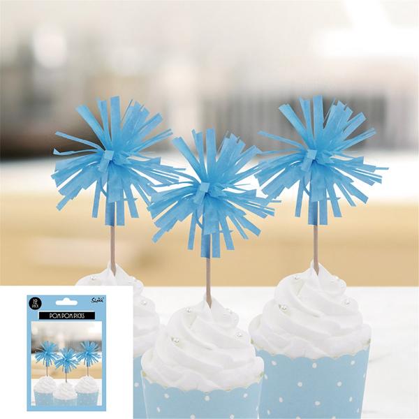 12 Pack Blue Pom Pom Picks - 13cm