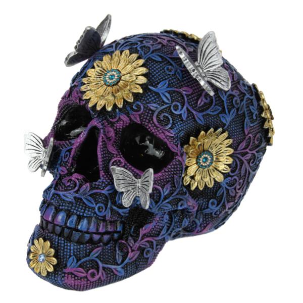 Black & Silver Marble Skull With Butterfly - 20cm