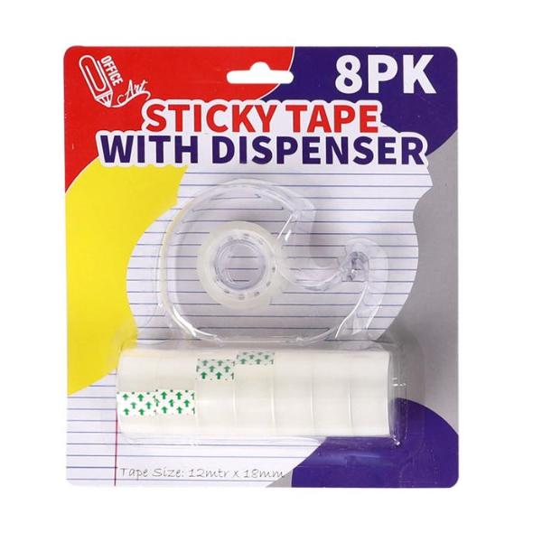 8 Pack Sticky Tape With Dispenser - 12m