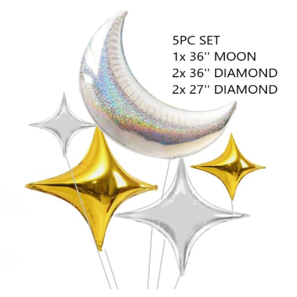 5 Pack Diamond Moon Star Balloons