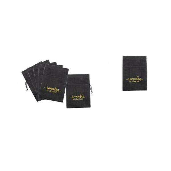 6 Pack Black Gold Print Ramadan Mubarak Hessian Bag - 10cm x 14cm