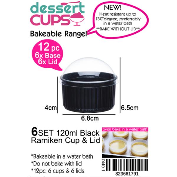 6 Pack Black Bakeable Dessert Cups With Lid - 120ml