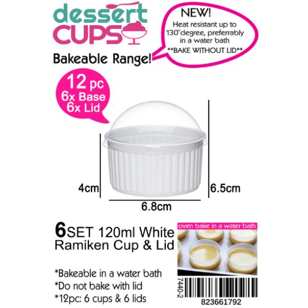 6 Pack White Bakeable Dessert Cups With Lid - 120ml