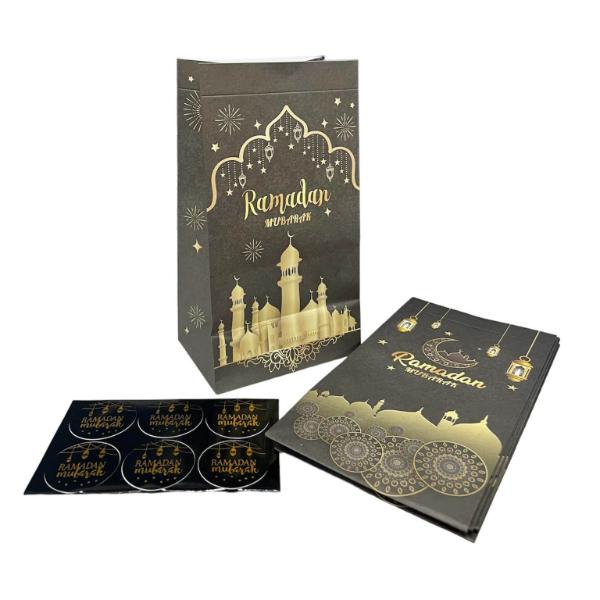 6 Pack Black & Gold Ramadan Mubarak Gift Bags With Stickers - 22cm x 12cm x 8cm