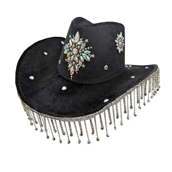 Black Cowboy Hat With Crystal Decor & Diamantes Around Rim