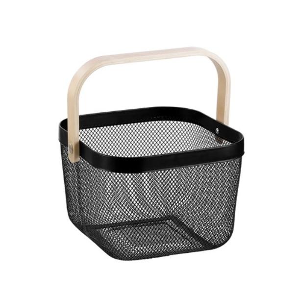 Birch Wood Handle Mesh Storage Basket - 25cm x 25cm x 17cm