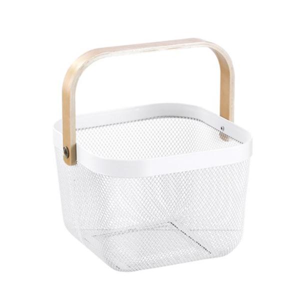 Birch Wood Handle White Mesh Storage Basket - 25cm x 25cm x 17cm