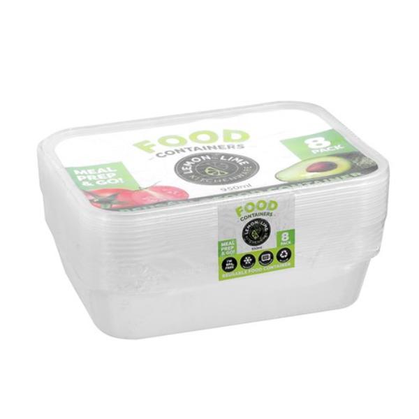 8 Pack Rectangle Reusable Food Container - 950ml