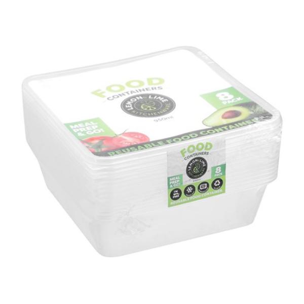 8 Pack Square Reusable Food Container - 950ml