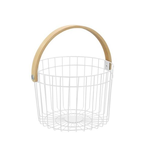 Round White Wire Bamboo Handle Basket - 27cm x 25cm x 18cm