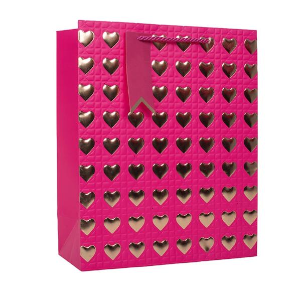 Pink With Gold Hearts Large Gift Bag - 26cm x 32.4cm x 12cm