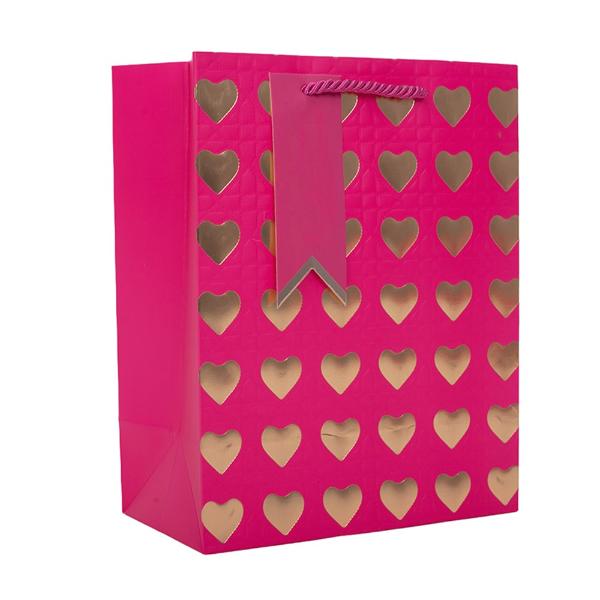 Pink With Gold Hearts Medium Gift Bag - 17.8cm x 23cm x 10cm