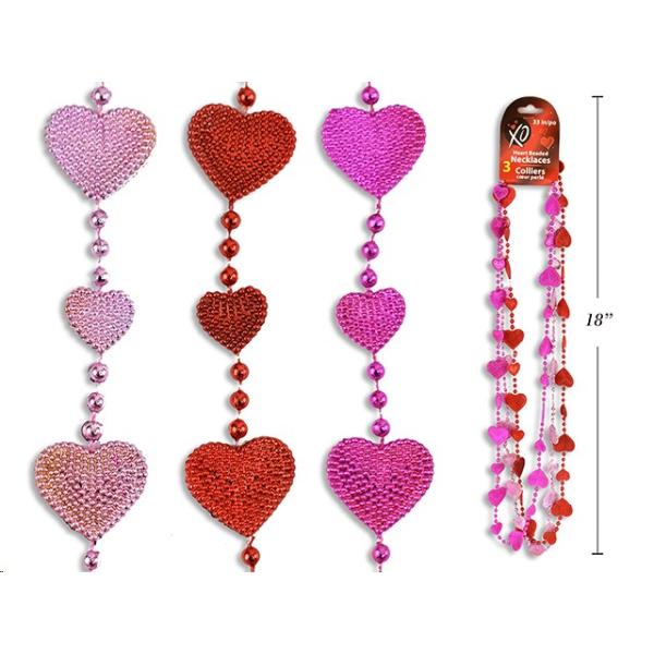 3 Pack Valentine Studded Heart Beaded Necklace - 81cm