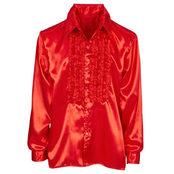 Red Satin 70s Disco Ruffle Shirt