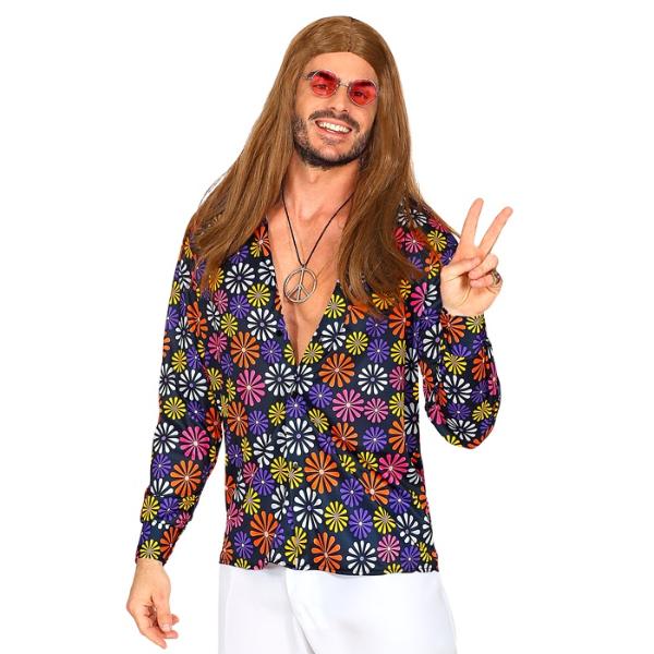 The 70s Groovy Style Blue Flowers Shirt - Large - X Large