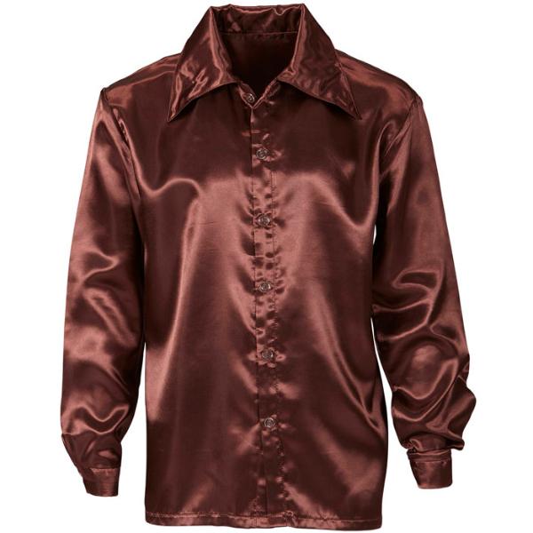 Satin Brown 70s Disco Shirt - Medium