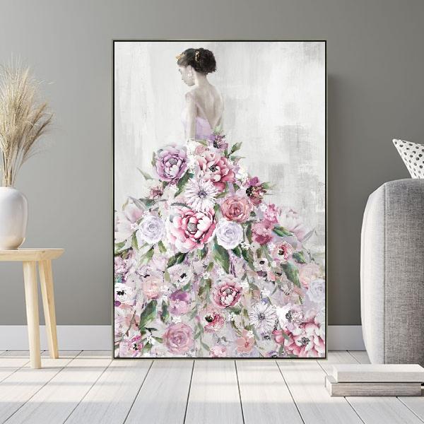 Hand Painted Lady In Floral Gown Canvas Print In Silver Frame - 80cm x 120cm x 3.5cm