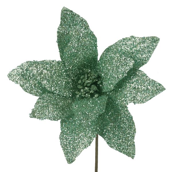 Mint Glitter Finish Poinsettia With Stem - 28cm