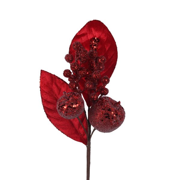 Red Velour Leaf & Apple Stem - 35cm