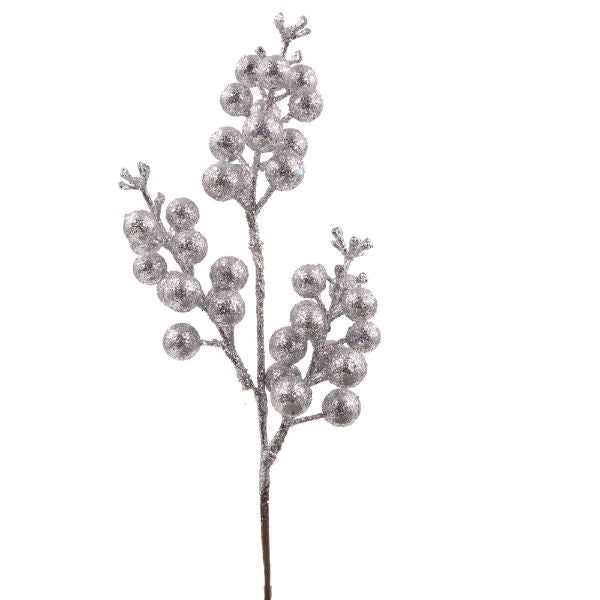 Silver Berry Glitter Stem - 20cm