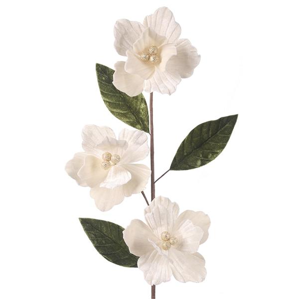 3 Ivory Velour Magnolia Head Stem With Leaves - 70cm x 15cm