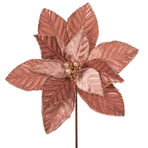 Coffee Velour Poinsettia With Copper Glitter Details & Stem - 29cm x 50cm