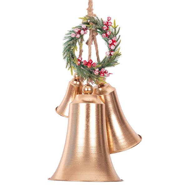 3 Large Metal Gold Bells With Wreath - 26.7cm x 38cm x 19cm