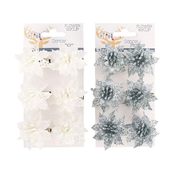 6 Pack White Glitter & Silver Poinsettia Flower With Clip - 5cm